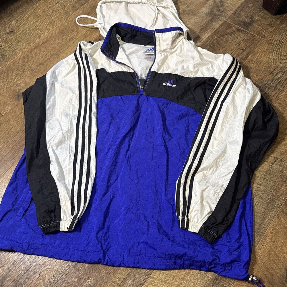 Vintage 90's Adidas Windbreaker Jacket Embroidered Spellout 3 Stripes Xl Blue
